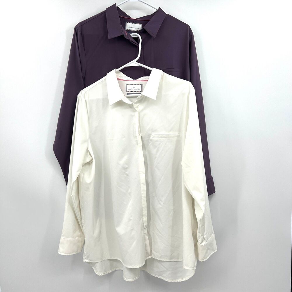 Modern Ambition XL Ivory & Purple Technical Button-Down Shirt Stretch Womens